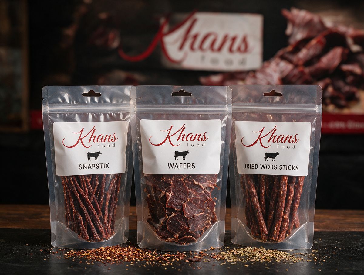 Khan's biltong wafers, snapstix and droëwors