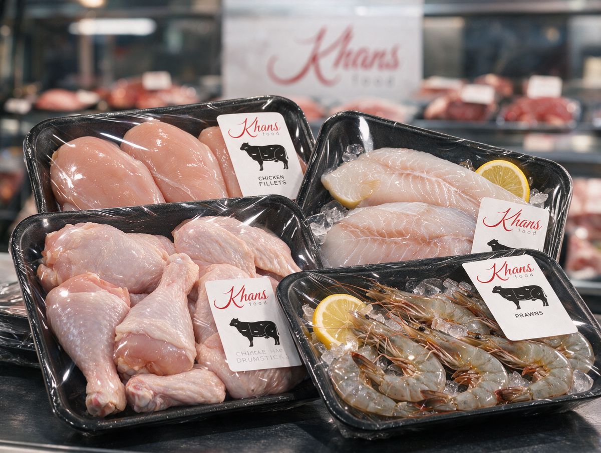 Khan's poultry and seafood packs at the counter