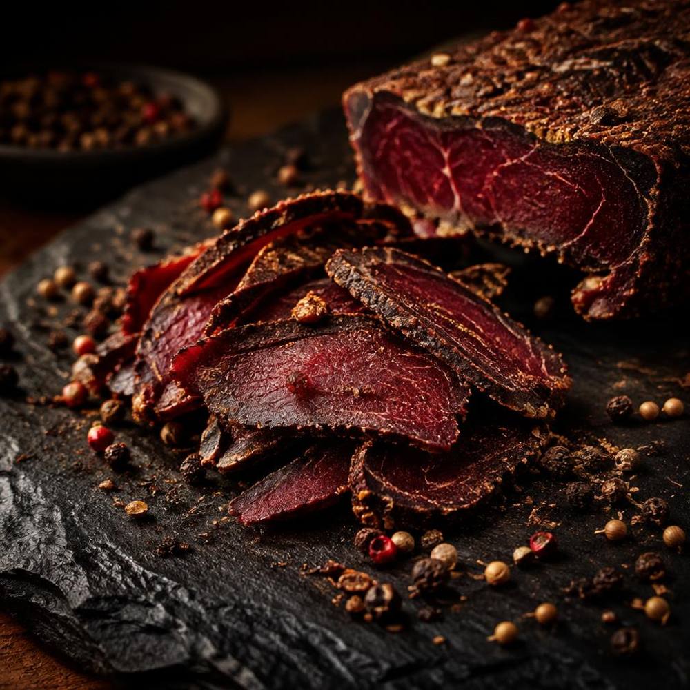 Sliced biltong on a slate board with peppercorns